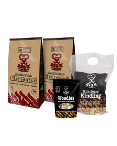 2 x Premium Grade Lumpwood Charcoal FSC&reg; Certified (PCH05FSC) - 5kg Bag, 1 x Kiln Dried Kindling - Large Black Bag FSC&reg; Certified (KW01FSC) & 1 x Woodies Wood Wool Firelighters (FLWOOD) Bundle