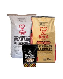 Chilla-Grilla 12kg (RCH12FSC), Marabu Lumpwood Charcoal 15kg (RCH15) & Woodies Wood Wool Firelighters Bundle