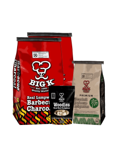 2 x Real Lumpwood Charcoal 10kg (CH10), Coconut Shell Briquettes (CONUTB04) & Woodies Wood Wool Firelighters (FLWOOD) Bundle