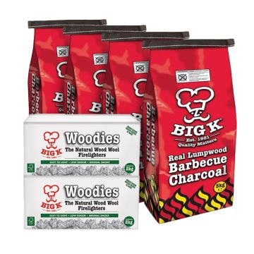 4 x Real Lumpwood Charcoal 5kg (CH05W) & 2 x Woodies Wood Wool Firelighters in a Box (FLBOXWOOD) Bundle