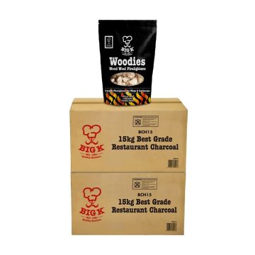 2 x 15kg Flama Restaurant Grade Kachi Stick Charcoal (BCH15) & Woodies Wood Wool Firelighters Bundle