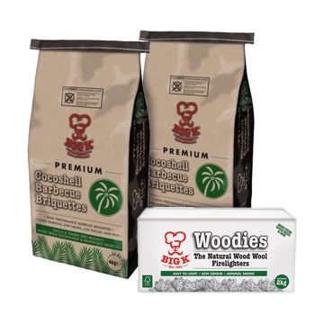 2 x Coconut Shell Briquettes (CONUTB04) & 1 x Woodies Natural Wood Wool Firelighters FSC® Certified in a Box (FLBOXWOOD) Bundle