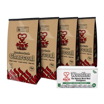 4 x Premium Grade Lumpwood Charcoal FSC® Certified (PCH05FSC) - 5kg Bag Bundle & 1 x Woodies Wood Wool Firelighters in a box (FLBOXWOOD) Bundle