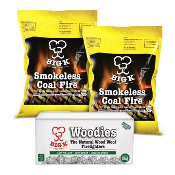 2 x Smokeless Coal (SCF10) - 10kg Bag & Woodies Wood Wool Firelighters in a Box (FLBOXWOOD) Bundle