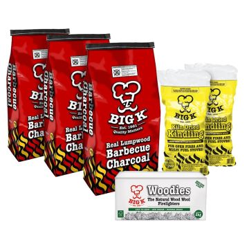 3 x Real Lumpwood Charcoal 10kg (CH10), Woodies Wood Wool Firelighters in a Box (FLBOXWOOD) & 2 x Kiln Dried Kindling - Small Yellow Bag (KW02) Bundle