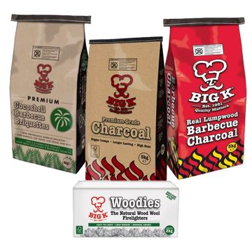 1 x Coconut Shell Briquettes (CONUTB04), 1 x Premium Grade Lumpwood Charcoal FSC® Certified (PCH05FSC) - 5kg Bag, 1 x Real Lumpwood Charcoal (CH05W) - 5kg Bag & 1 x Woodies Wood Wool Firelighters (FLBOXWOOD) Bundle