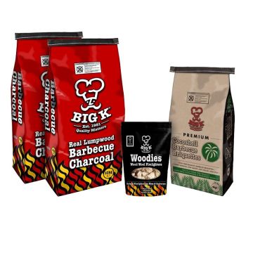 2 x Real Lumpwood Charcoal 10kg (CH10), Coconut Shell Briquettes (CONUTB04) & Woodies Wood Wool Firelighters (FLWOOD) Bundle