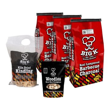 3 x Real Lumpwood Charcoal 10kg (CH10), Woodies Wood Wool Firelighters (FLWOOD) & Kiln Dried Kindling - Large Black Bag FSC® Certified (KW01FSC) Bundle