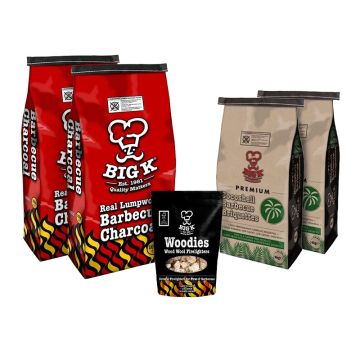 2 x Coconut Shell Briquettes (CONUTB04), 2 x Real Lumpwood Charcoal (CH10) - 10kg Bag & 1 x Woodies Wood Wool Firelighters (FLWOOD) Bundle