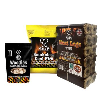 Compressed Saw Dust Heat Logs (LGHEATFSC), Woodies Wood Wool Firelighters (FLWOOD) & Smokeless Coal 10kg (SCF10) Bundle