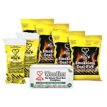 4 x Smokeless Coal (SCF10) - 10kg Bag, 2 x Kiln Dried Kindling - Small Yellow Bag (KW02) & 1 x Woodies Wood Wool Firelighters in a Box (FLBOXWOOD) Bundle