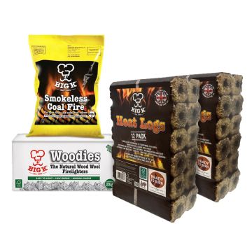 2 x Compressed Saw Dust Heat Logs (LGHEATFSC), Woodies Wood Wool Firelighters in a Box (FLBOXWOOD) & Smokeless Coal 10kg (SCF10) Bundle