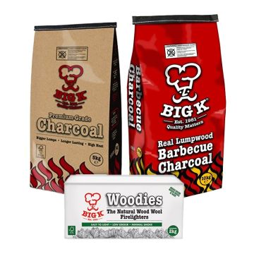1 x Premium Grade Lumpwood Charcoal FSC® Certified (PCH05FSC) - 5kg Bag, 1 x Real Lumpwood Charcoal (CH10) - 10kg Bag & 1 x Woodies Wood Wool Firelighters in a box (FLBOXWOOD) Bundle