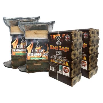 2 x Compressed Saw Dust Heat Logs (LGHEATFSC) & 2 x Kiln Dried Hardwood Logs (LG01KD) FSC® Certified and Grown in Britain - Net Bags Bundle
