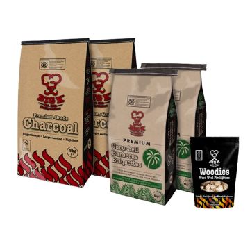 2 x Premium Grade Lumpwood Charcoal FSC® Certified (PCH05FSC) - 5kg Bag, 2 x Coconut Shell Charcoal Briquettes (CONUTB04) & 1 x Woodies Wood Wool Firelighters (FLWOOD) Bundle
