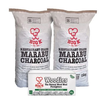 2 x 15kg Professional Marabu Lumpwood Charcoal (RCH15) & Woodies Wood Wool Firelighters in a Box (FLBOXWOOD) Bundle