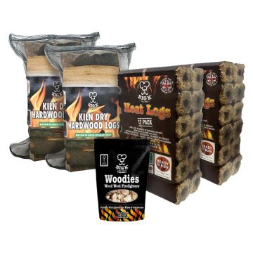 2 x Compressed Saw Dust Heat Logs (LGHEATFSC), 2 x Kiln Dried Hardwood Logs (LG01KD) FSC® Certified and Grown in Britain - Net Bags & Woodies Wood Wool Firelighters (FLWOOD) Bundle