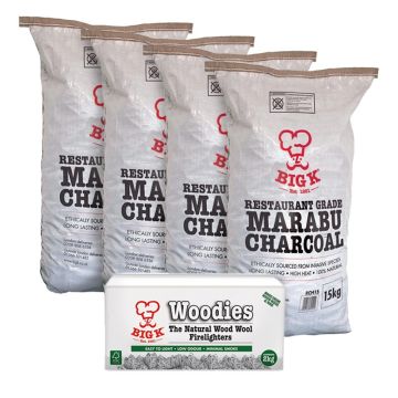 4 x 15kg Professional Marabu Lumpwood Charcoal (RCH15) & Woodies Wood Wool Firelighters in a Box (FLBOXWOOD) Bundle