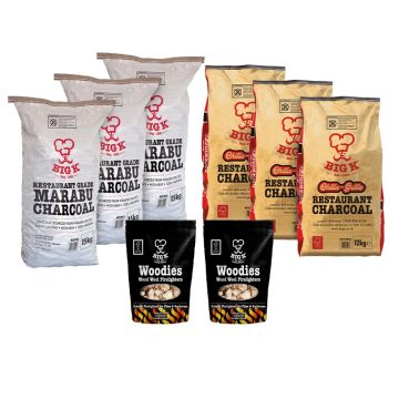3 x Marabu Lumpwood Charcoal 15kg (RCH15), 3 x Chilla-Grilla 12kg (RCH12FSC) & 2 x Woodies Wood Wool Firelighters Bundle