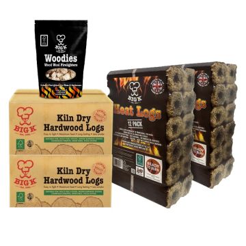 2 x Compressed Saw Dust Heat Logs (LGHEATFSC), 2 x Kiln Dried FSC® Certified Wood in a Box (LGBOXKD) & Woodies Wood Wool Firelighters (FLWOOD) Bundle