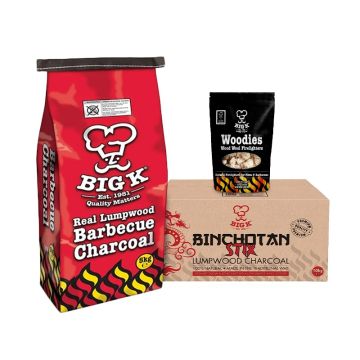 Binchotan Binchostix (BINCHOSTIX10), Woodies Wood Wool Firelighters (FLWOOD) & Real Lumpwood Charcoal 5kg (CH05W) Bundle