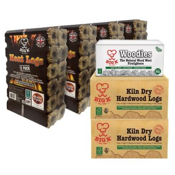4 x Compressed Saw Dust Heat Logs (LGHEATFSC), 2 x Kiln Dried FSC® Certified Wood in a Box (LGBOXKD) & Woodies Natural Wood Wool Firelighters FSC® Certified in a Box (FLBOXWOOD) Bundle