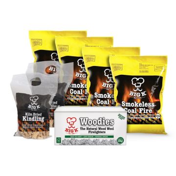 4 x Smokeless Coal (SCF20) - 20kg Bag, 2 x Kiln Dried Kindling - Large Black Bag FSC® Certified (KW01FSC) & 1 x Woodies Wood Wool Firelighters in a Box (FLBOXWOOD) Bundle