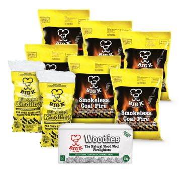 6 x Smokeless Coal (SCF20) - 20kg Bag, 2 x Kiln Dried Kindling - Small Yellow Bag (KW02) & 1 x Woodies Wood Wool Firelighters in a Box (FLBOXWOOD) Bundle