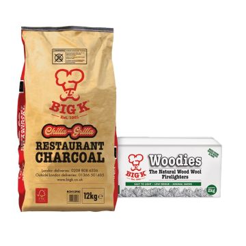 Chilla-Grilla 12kg (RCH12FSC) Lumpwood Charcoal & Woodies Wood Wool Firelighters (FLBOXWOOD) Bundle
