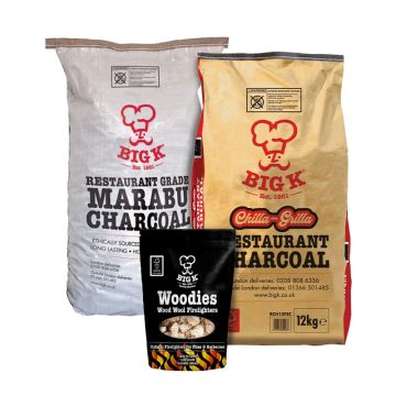 Chilla-Grilla 12kg (RCH12FSC), Marabu Lumpwood Charcoal 15kg (RCH15) & Woodies Wood Wool Firelighters Bundle