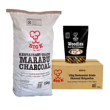 Professional Marabu Lumpwood Charcoal (RCH15), Au Natural Charcoal Briquettes (RCB10) & Woodies Wood Wool Firelighters (FLWOOD) Bundle