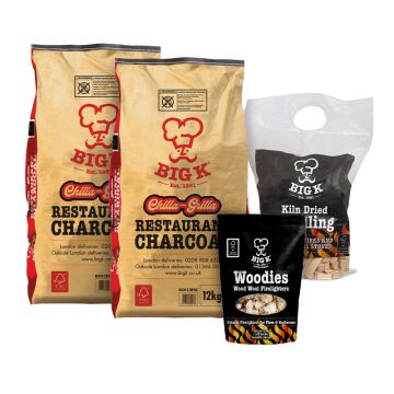 2 x Chilla-Grilla 12kg Restaurant Grade Lumpwood Charcoal (RCH12FSC), Woodies Wood Wool Firelighters (FLWOOD) & Large Kindling (KW01) Bundle