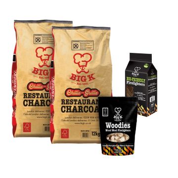 2 x Chilla-Grilla 12kg Restaurant Grade Lumpwood Charcoal (RCH12FSC), Woodies Wood Wool Firelighters (FLWOOD) & Eco Friendly Firelighter Cubes (FL96) Bundle