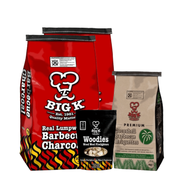 2 x Real Lumpwood Charcoal 10kg (CH10), Coconut Shell Briquettes (CONUTB04) & Woodies Wood Wool Firelighters (FLWOOD) Bundle