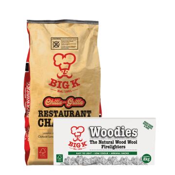 Chilla-Grilla 12kg (RCH12FSC) Lumpwood Charcoal & Woodies Wood Wool Firelighters (FLBOXWOOD) Bundle
