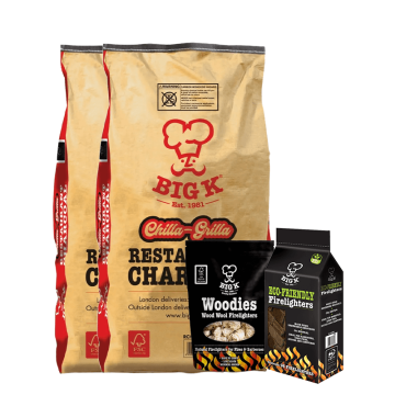 2 x Chilla-Grilla 12kg Restaurant Grade Lumpwood Charcoal (RCH12FSC), Woodies Wood Wool Firelighters (FLWOOD) & Eco Friendly Firelighter Cubes (FL96) Bundle