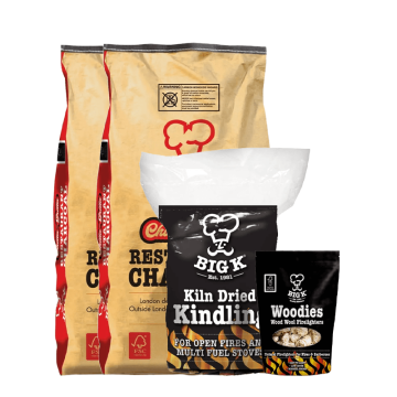 2 x Chilla-Grilla 12kg Restaurant Grade Lumpwood Charcoal (RCH12FSC), Woodies Wood Wool Firelighters (FLWOOD) & Large Kindling (KW01) Bundle