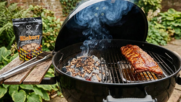 Pouring Hickory Chips in an offset smoker Pouring Hickory Chips in an offset smoker