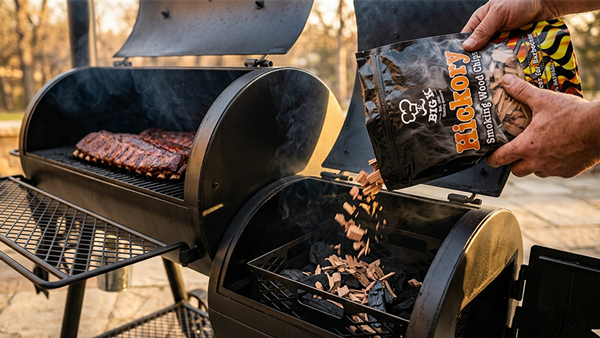 Pouring Hickory Chips in an offset smoker Pouring Hickory Chips in an offset smoker